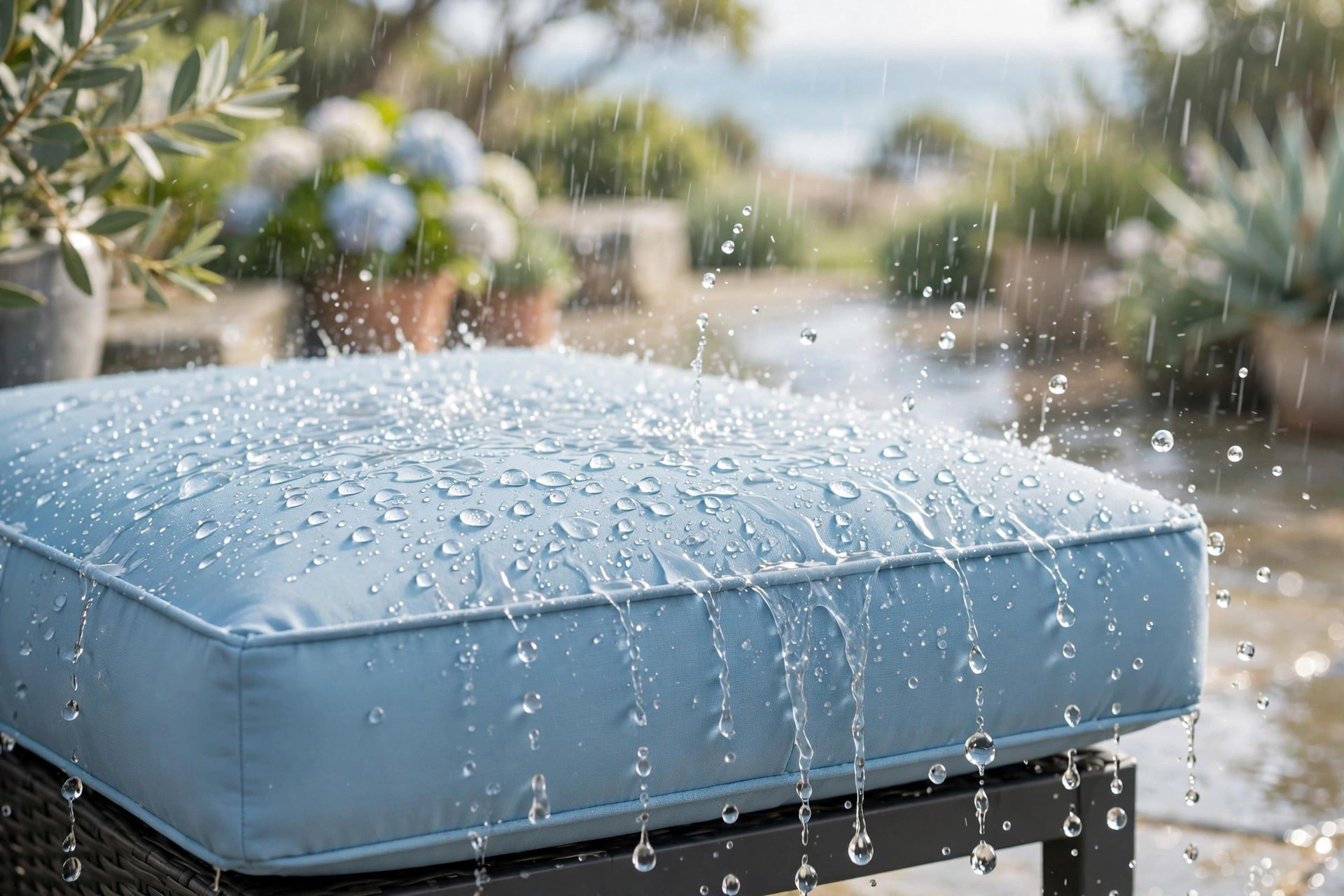Rain flowing through a Cloud Dry foam cushion with the fabric peeled back